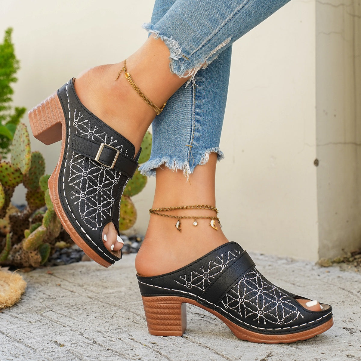 Women's Buckle Decor Block Heel Sandals – PU Leather Mid Heel