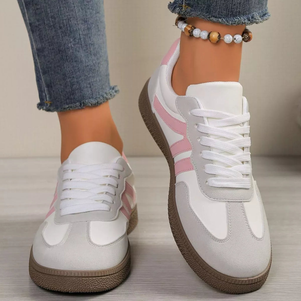 Women’s Striped Lace-Up Casual Sneakers – Suede Flat Fashion Shoes | Brown & Pink