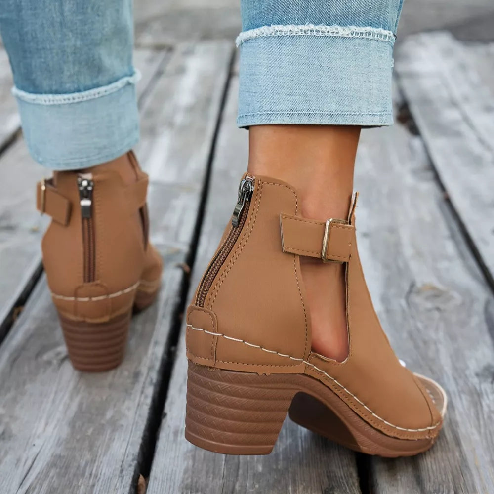 Women's Buckle Block Heel Sandals – Mid Heel PU Leather