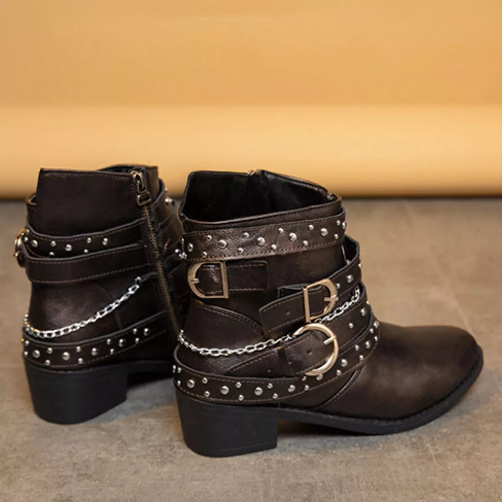 Women's Studded Buckle Ankle Boots – PU Leather Low Heel | 4 Colors