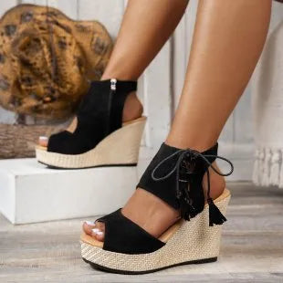Women's Peep Toe Wedge Sandals – Lace-Up Tassel Suede Platform Heels