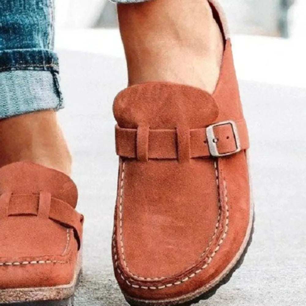 Women's Round Toe Low Heel Buckle Loafers | PU Leather Casual Shoes