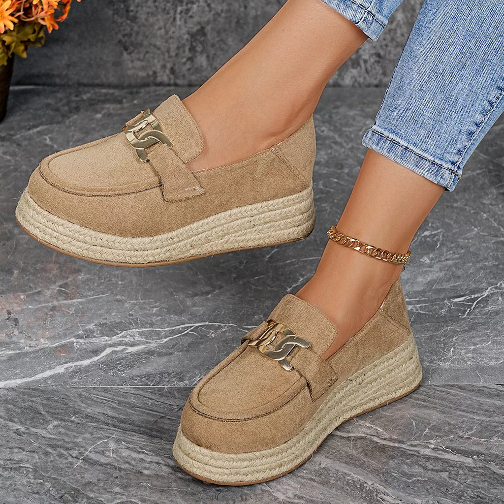 Women’s Round Toe Platform Slip-On Loafers – Suede Flat Shoes | Apricot & Brown