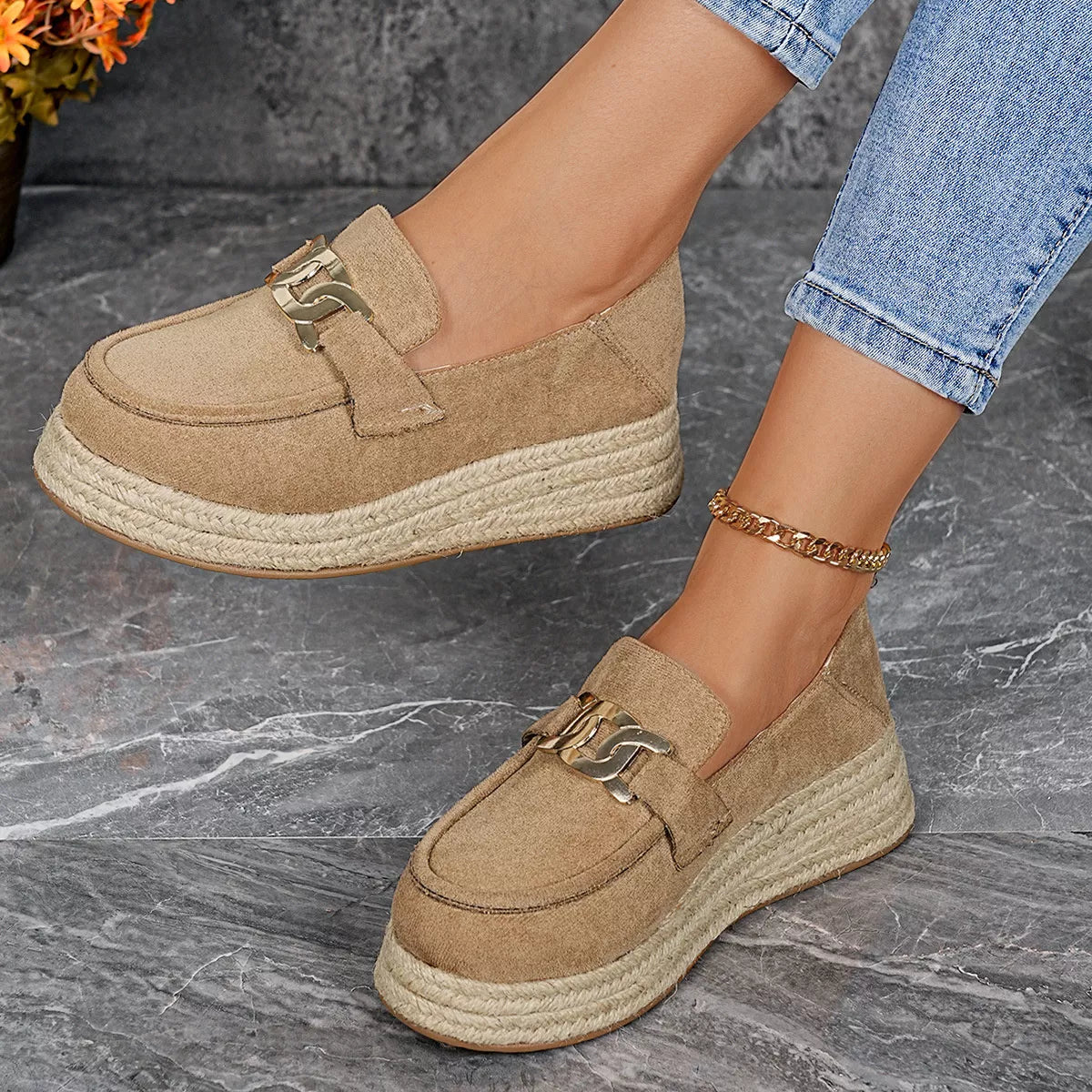 Women’s Round Toe Platform Slip-On Loafers – Suede Flat Shoes | Apricot & Brown