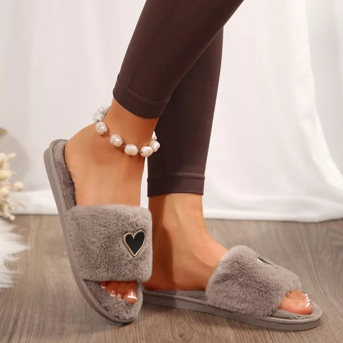 Women's Heart Open Toe Flat Slippers | Fluffy PU Leather Slip-On Sandals in 3 Colors EU 36-43