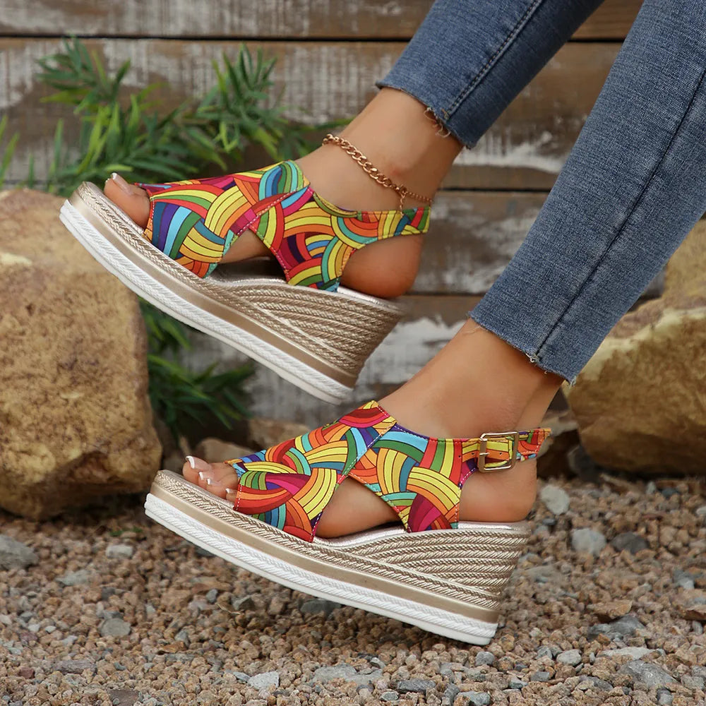 Women's Colorful Espadrille Wedge Sandals – Mid Heel Boho Style