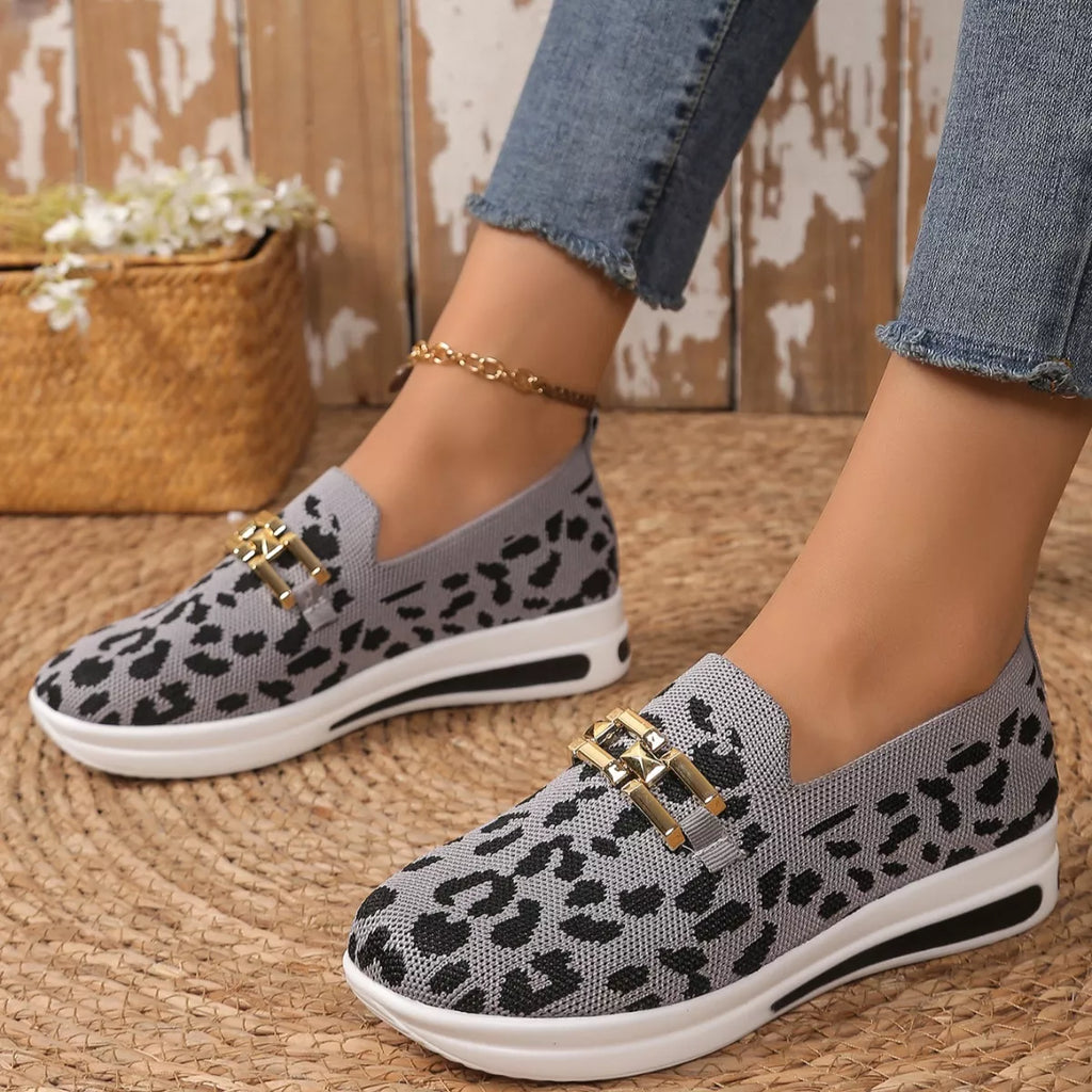 Women's Leopard Print Round Toe Slip-On Sneakers – Breathable Mesh Flats