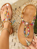Women's Multi-Color Beaded T-Strap Flat Sandals