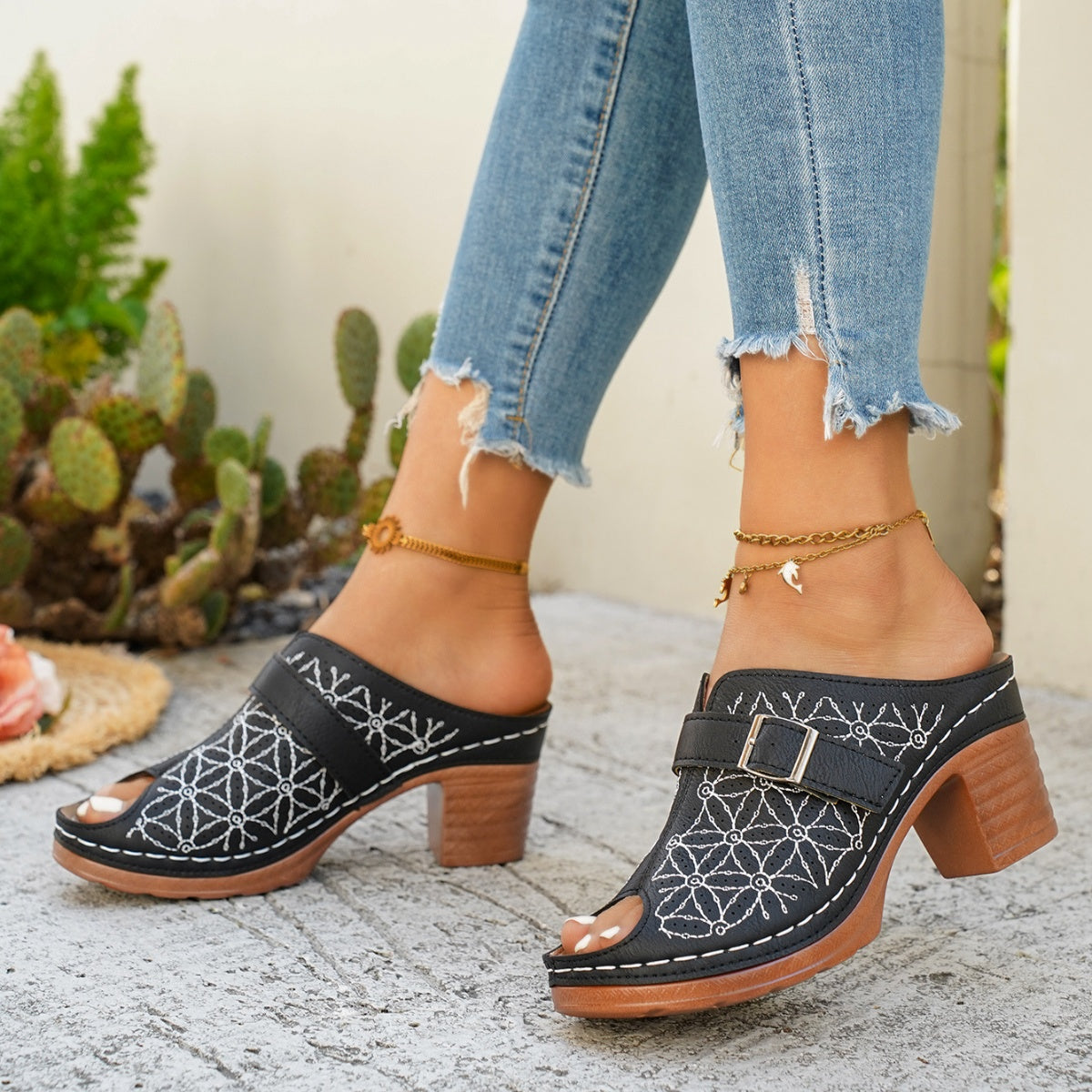 Women's Buckle Decor Block Heel Sandals – PU Leather Mid Heel