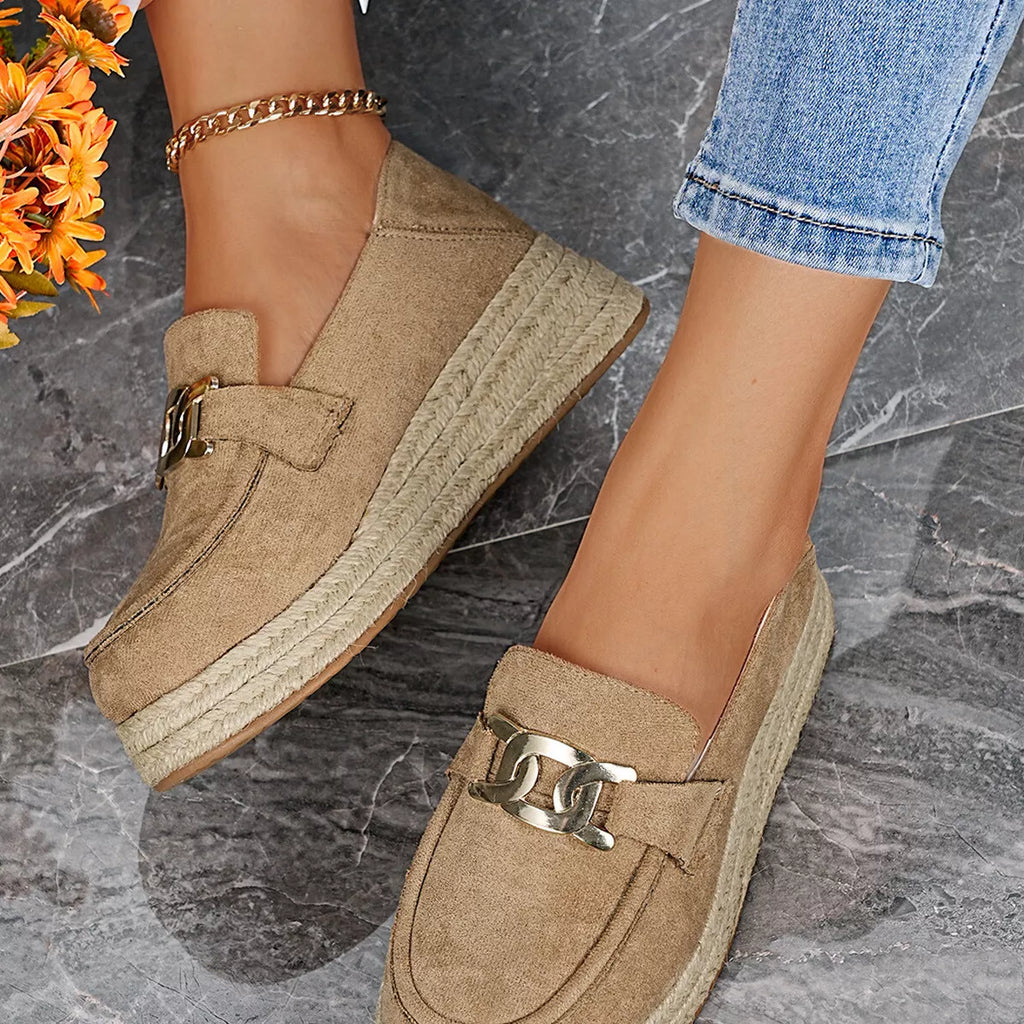 Women’s Round Toe Platform Slip-On Loafers – Suede Flat Shoes | Apricot & Brown