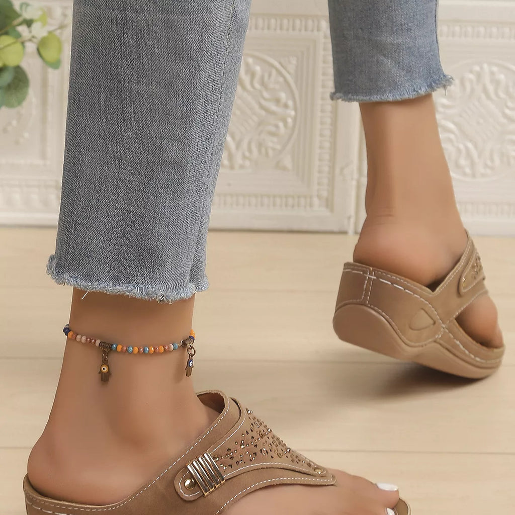 Women's Toe Post Wedge Sandals | Rhinestone Mid Heel Summer Shoes