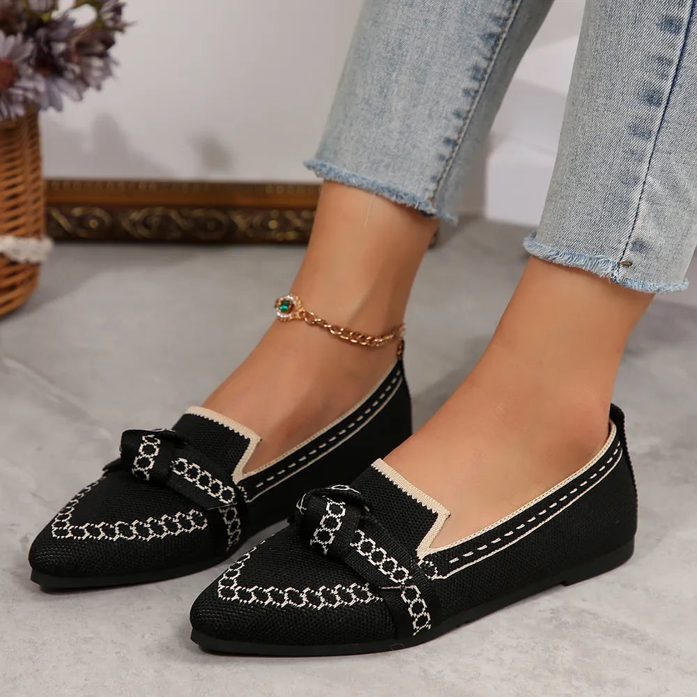 Women's Knitted Slip-On Flats with Bow | Mesh Comfort Shoes