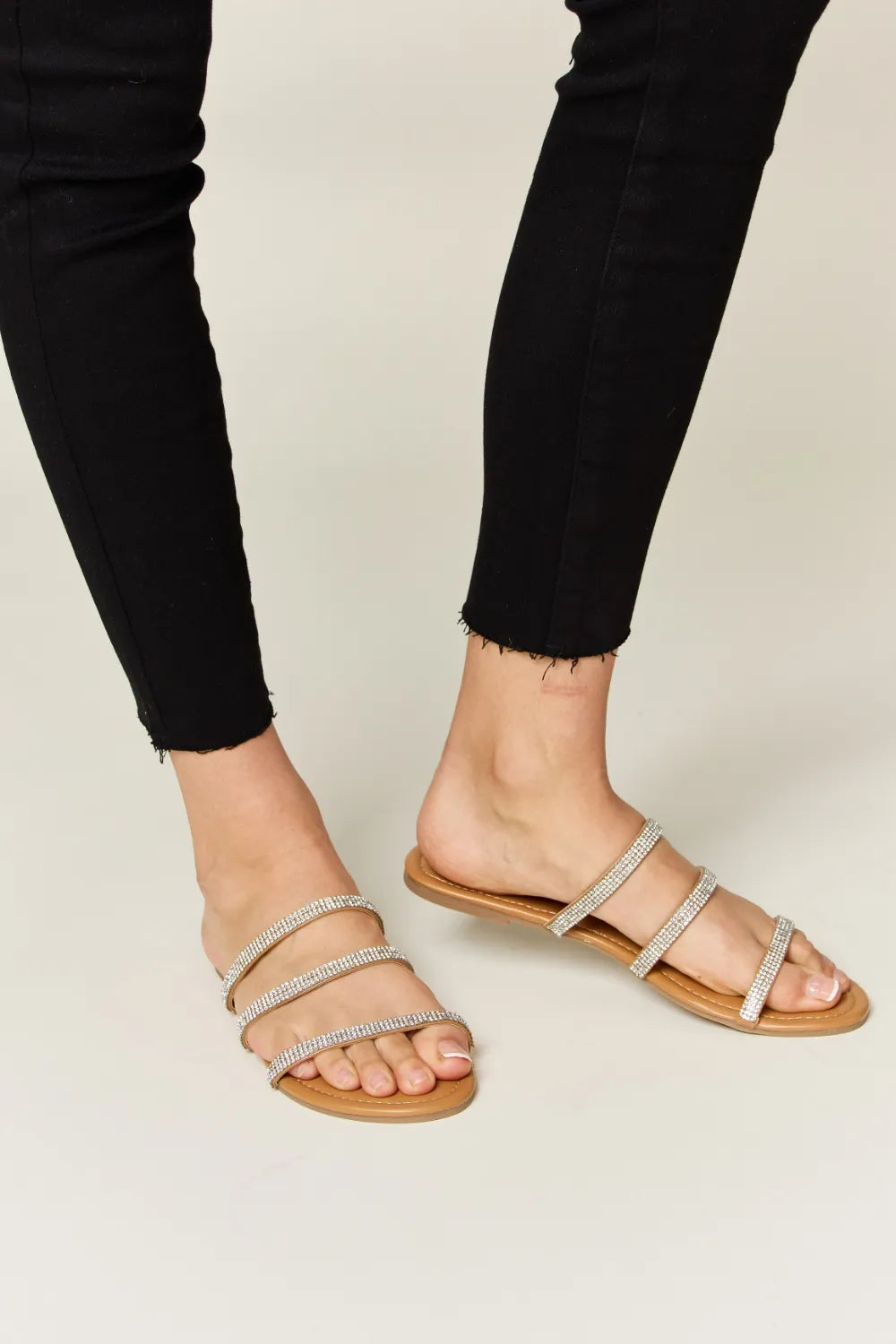 Women's Rhinestone Three-Strap Flat Sandals | Sparkle PU Leather Slides