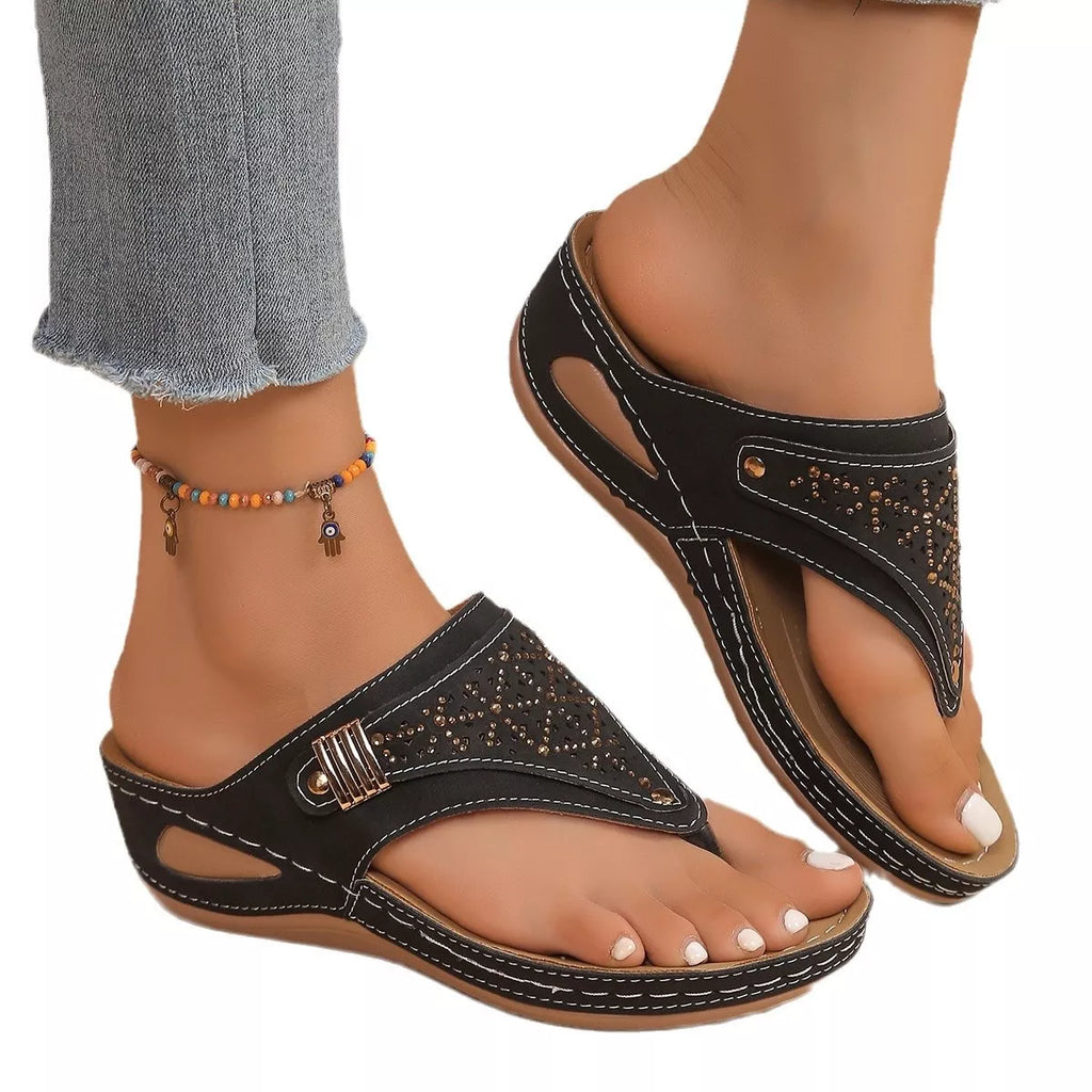 Women's Toe Post Wedge Sandals | Rhinestone Mid Heel Summer Shoes