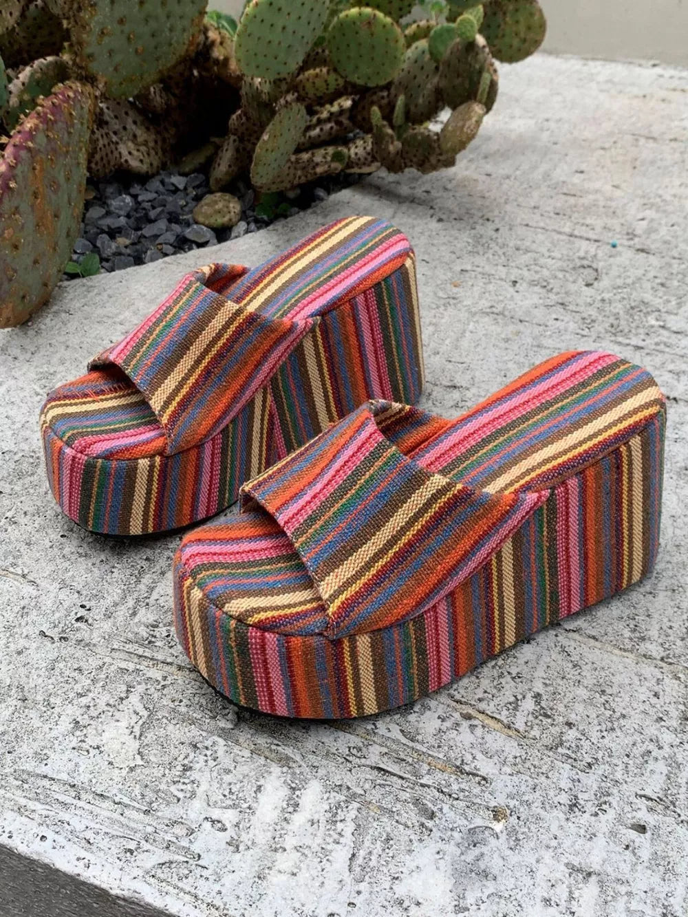 Women's Striped Platform Wedge Sandals – High Heel Canvas & PU