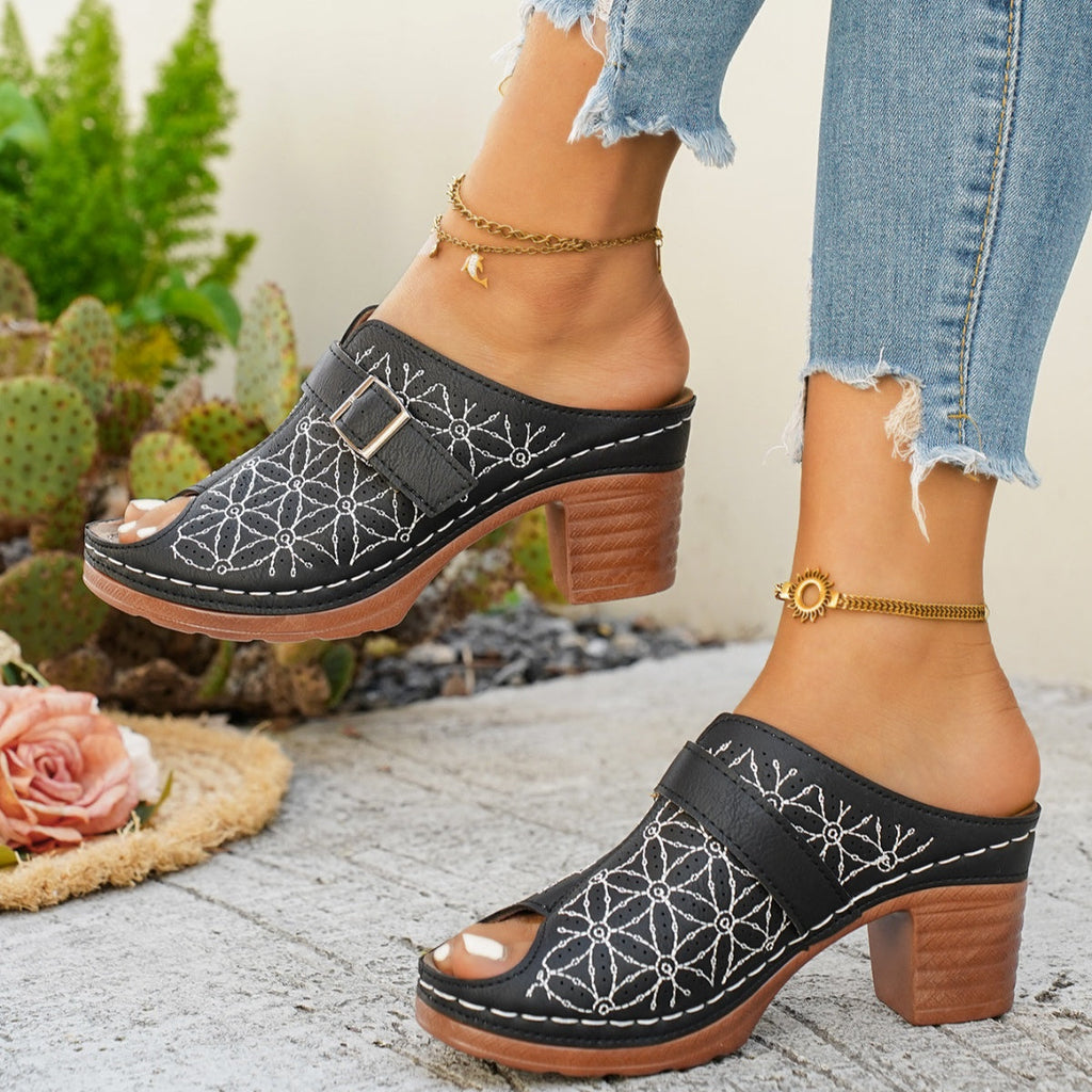 Women's Buckle Decor Block Heel Sandals – PU Leather Mid Heel