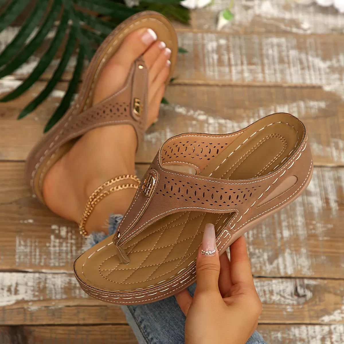 Women's Toe Post Wedge Sandals | PU Leather Low Heel Summer Shoes