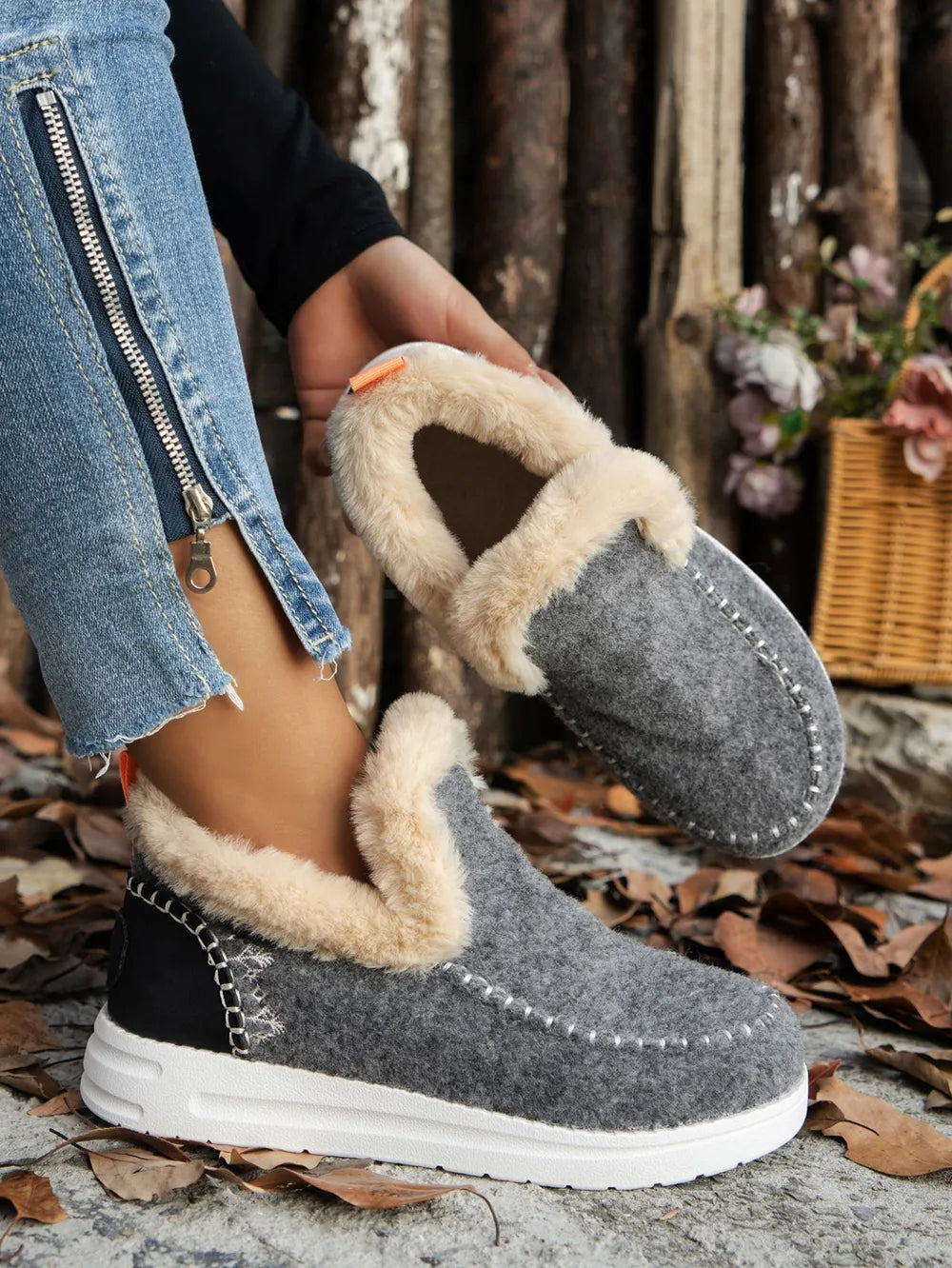 Women's Furry Suede Round Toe Flat Sneakers | Faux Fur Casual Shoes