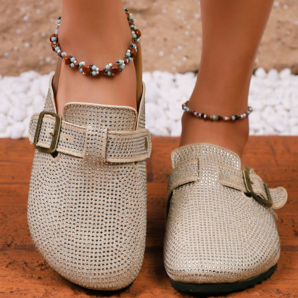 Women's Rhinestone Buckle Accent Slip-Ons | Low Heel PU Leather Shoes