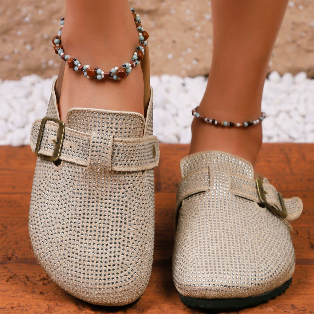 Women's Rhinestone Buckle Accent Slip-Ons | Low Heel PU Leather Shoes