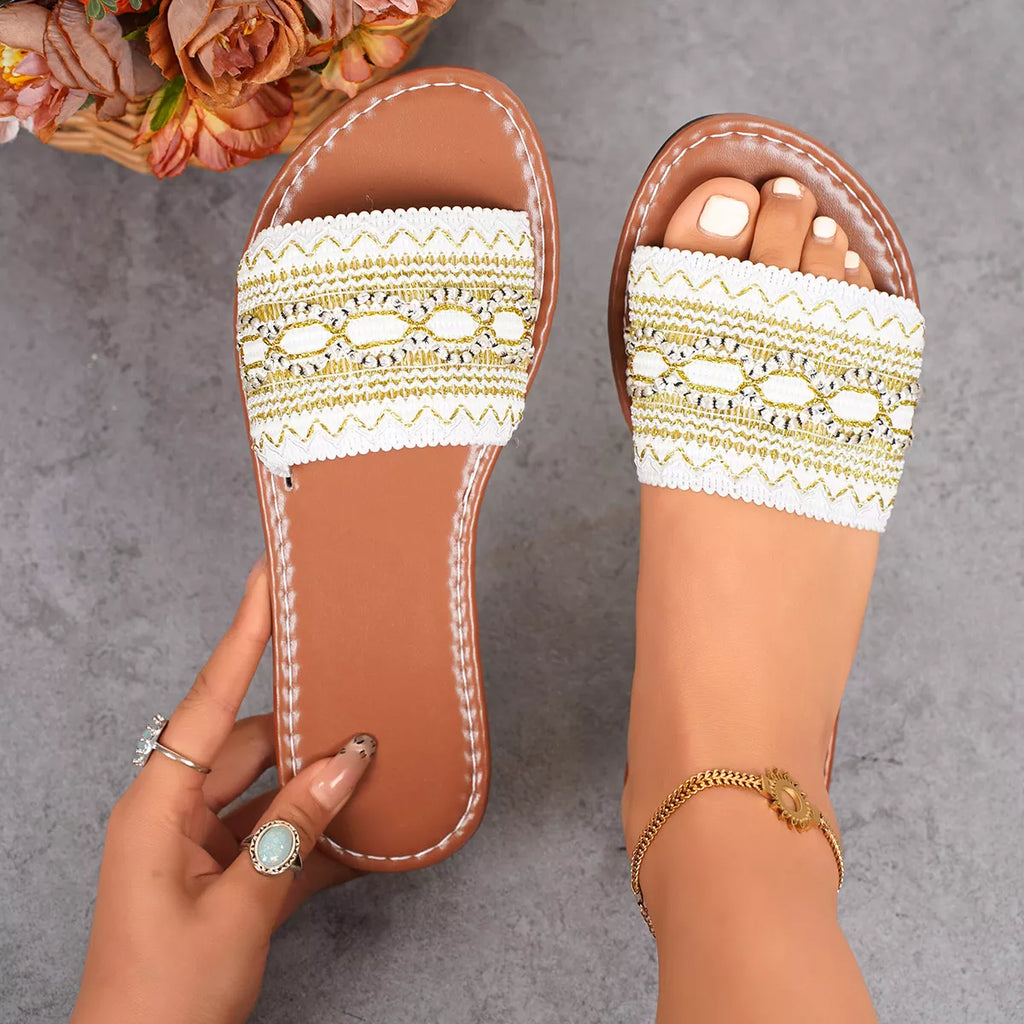 Women's Open Toe Flat Sandals – Polyester Slip-On Mules in White & Black