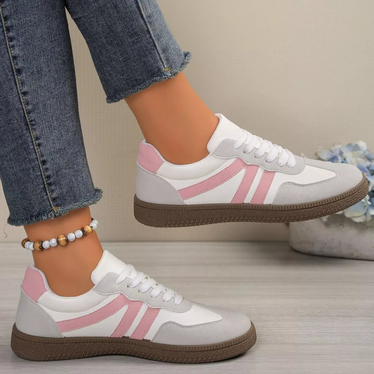 Women’s Striped Lace-Up Casual Sneakers – Suede Flat Fashion Shoes | Brown & Pink