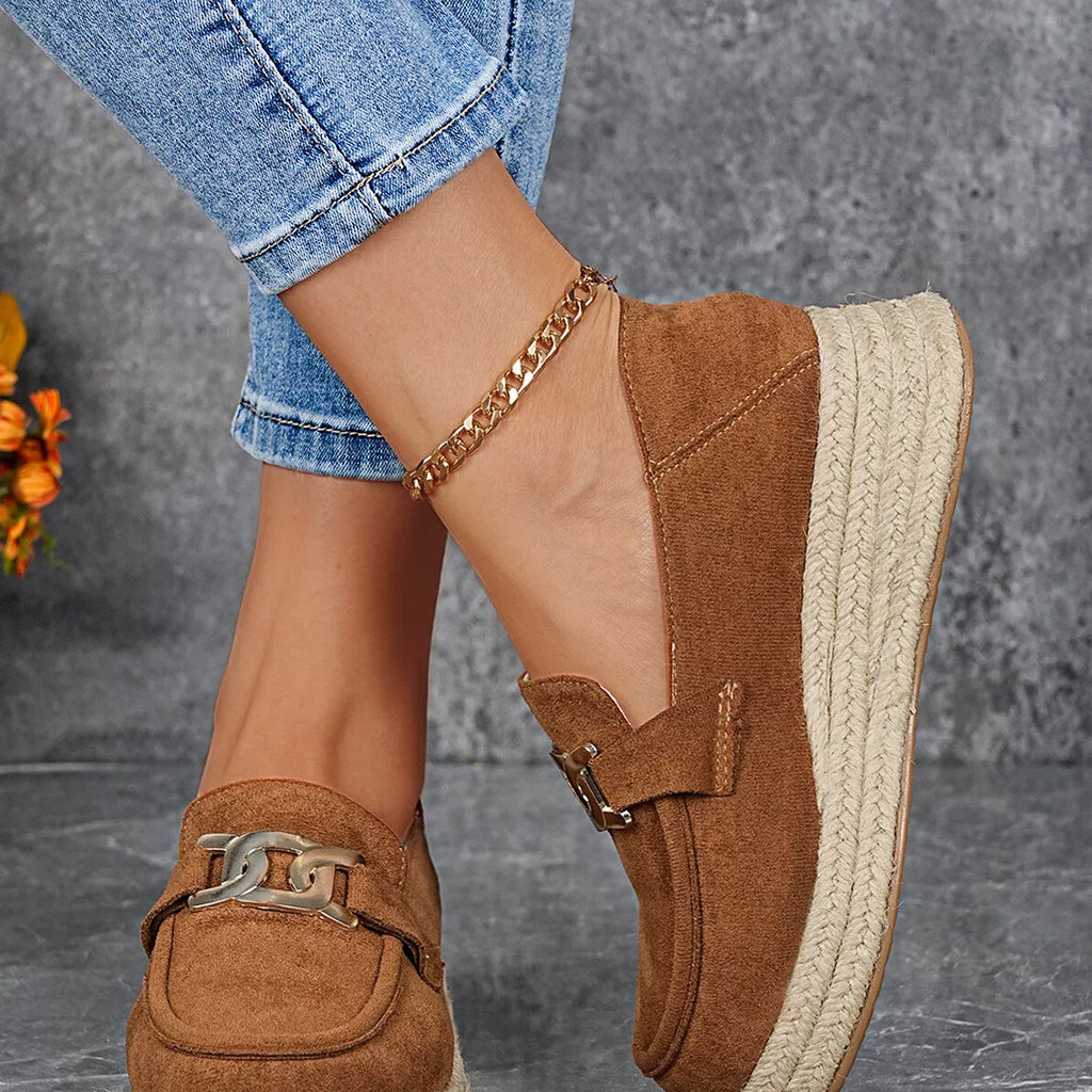 Women’s Round Toe Platform Slip-On Loafers – Suede Flat Shoes | Apricot & Brown