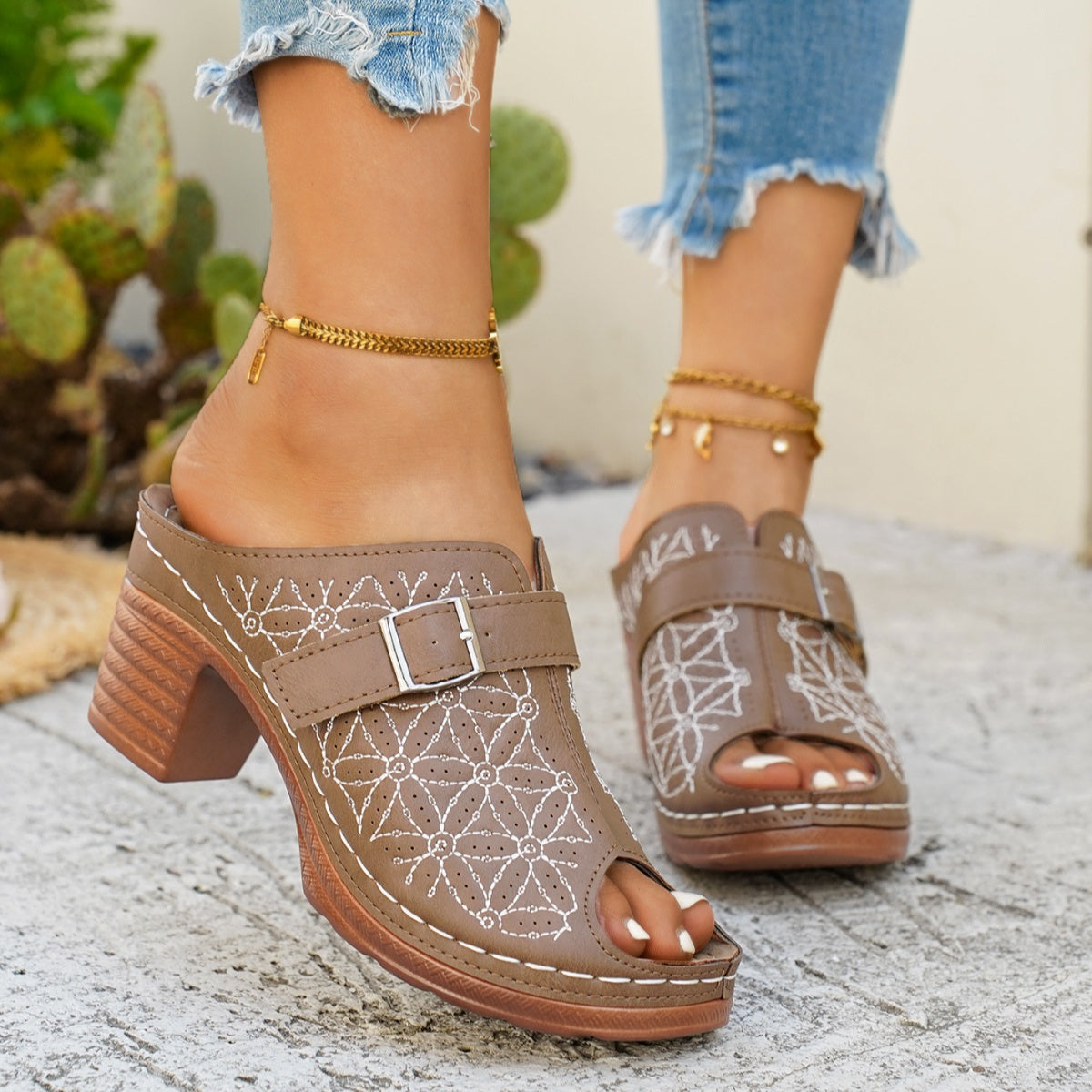Women's Buckle Decor Block Heel Sandals – PU Leather Mid Heel