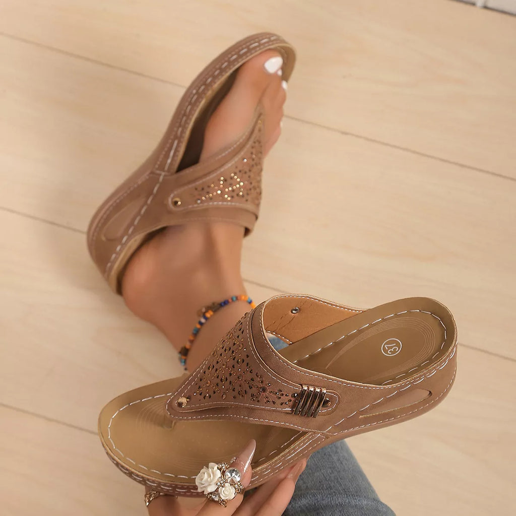 Women's Toe Post Wedge Sandals | Rhinestone Mid Heel Summer Shoes