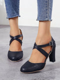 Women's Cross-Strap Block Heel Pumps | High Heel PU Leather Shoes