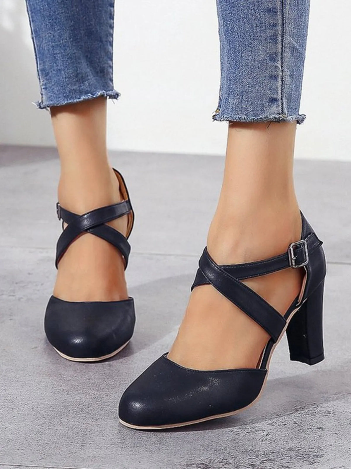 Women's Cross-Strap Block Heel Pumps | High Heel PU Leather Shoes