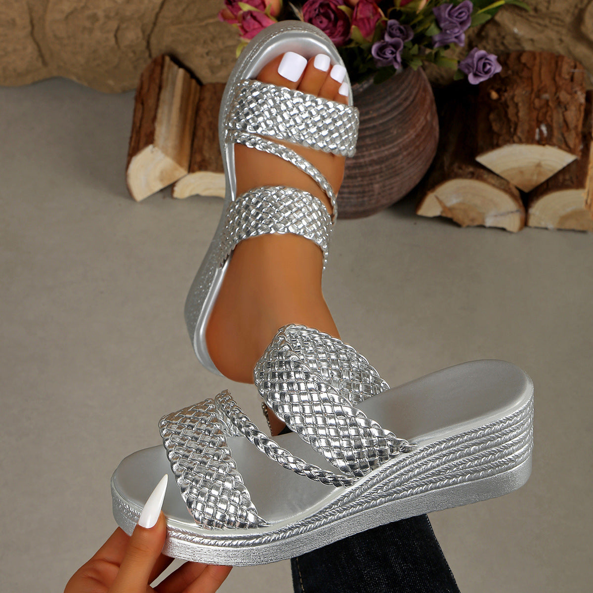Women's Open Toe Wedge Sandals | PU Leather Mid Heel Platform Shoes
