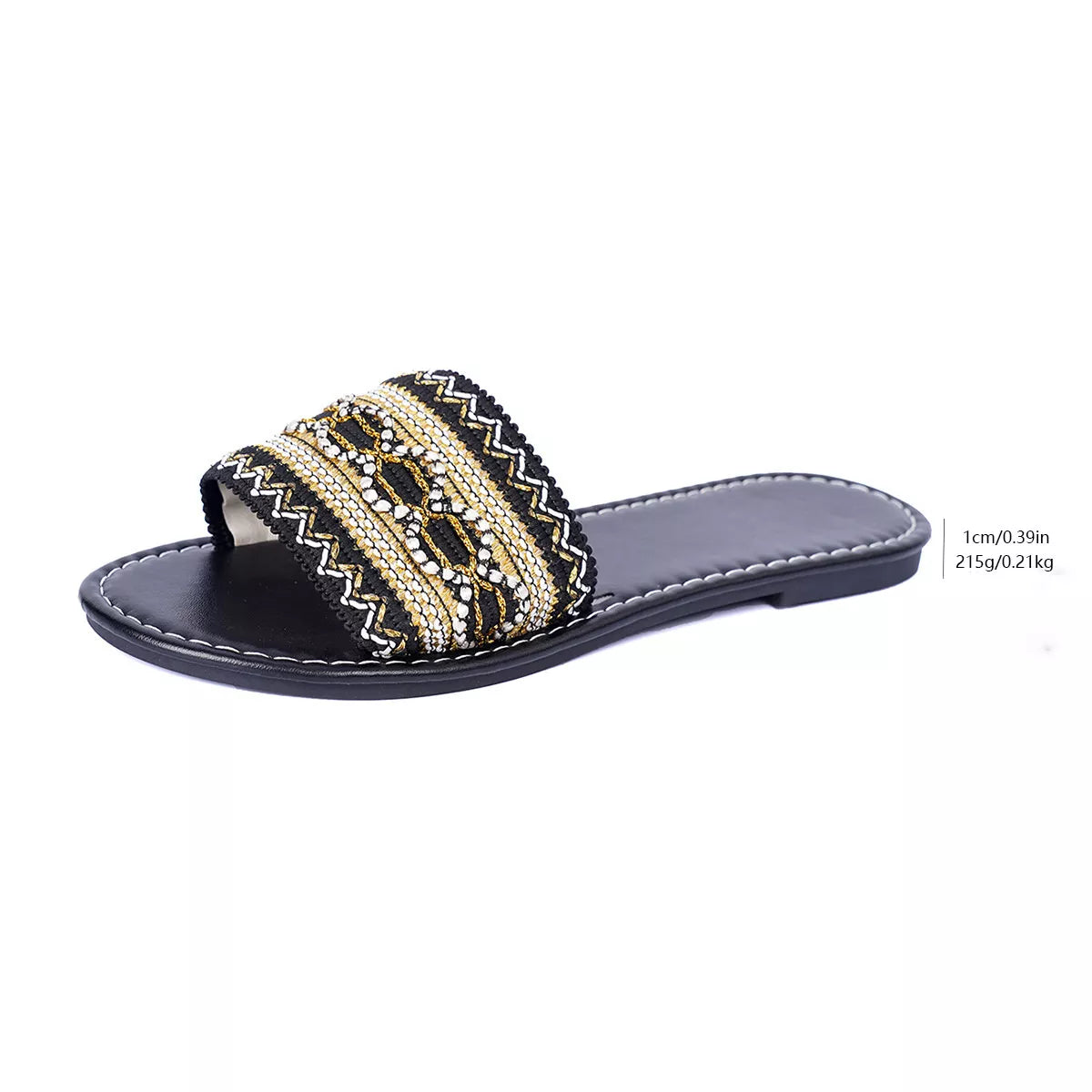 Women's Open Toe Flat Sandals – Polyester Slip-On Mules in White & Black