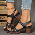 Women's Buckle Strap Block Heel Sandals | Mid Heel PU Leather Dress Sandals in Black & Brown EU 36-43