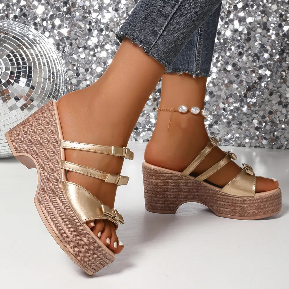 Women's Strappy High Platform Wedge Sandals – Open Toe PU Leather