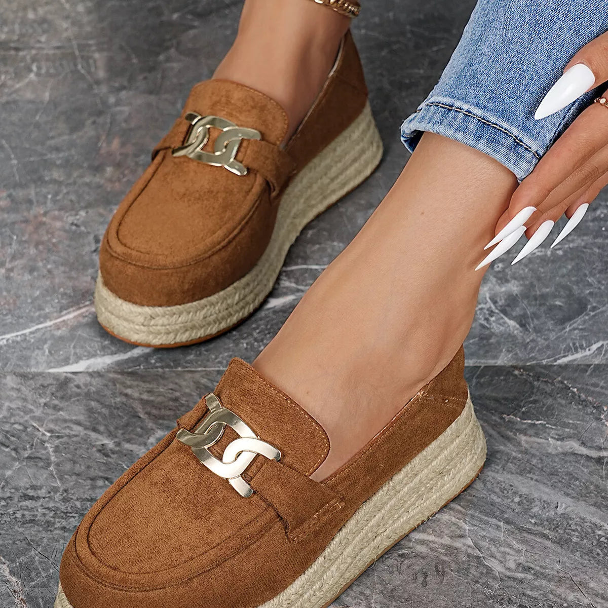 Women’s Round Toe Platform Slip-On Loafers – Suede Flat Shoes | Apricot & Brown