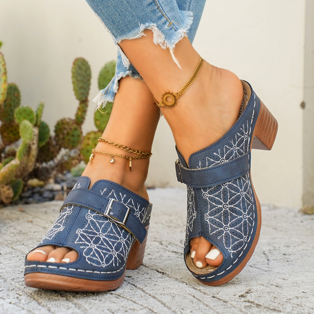 Women's Buckle Decor Block Heel Sandals – PU Leather Mid Heel