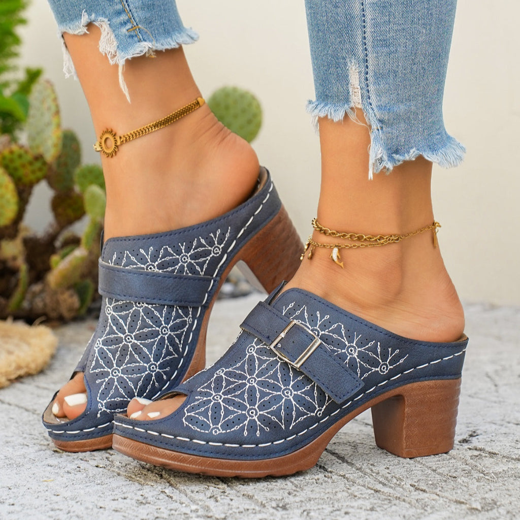 Women's Buckle Decor Block Heel Sandals – PU Leather Mid Heel