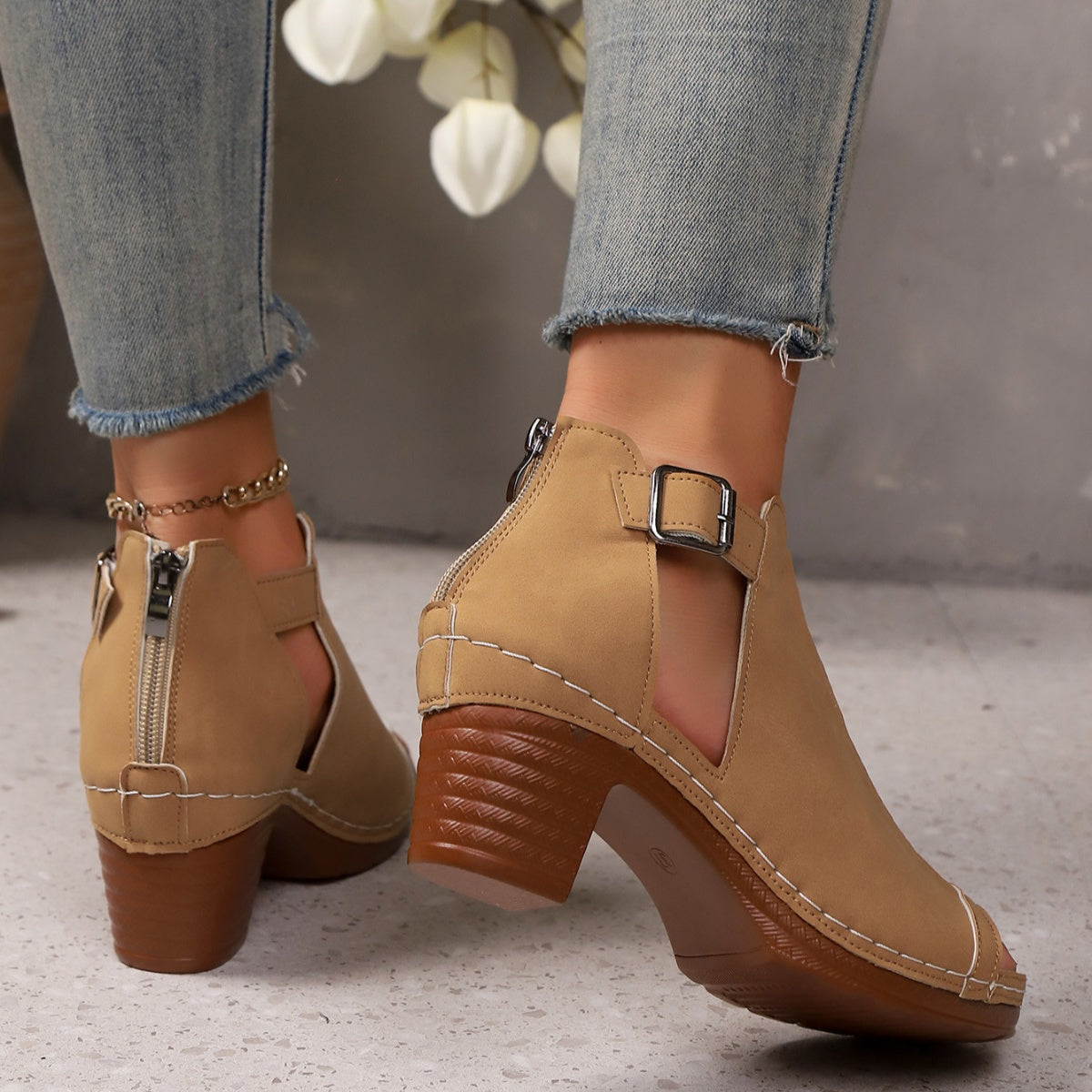 Women's Open Toe Block Heel Sandals | PU Leather High Heel Shoes