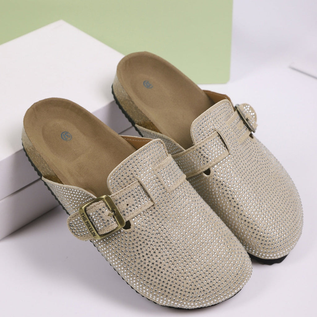 Women's Rhinestone Buckle Accent Slip-Ons | Low Heel PU Leather Shoes