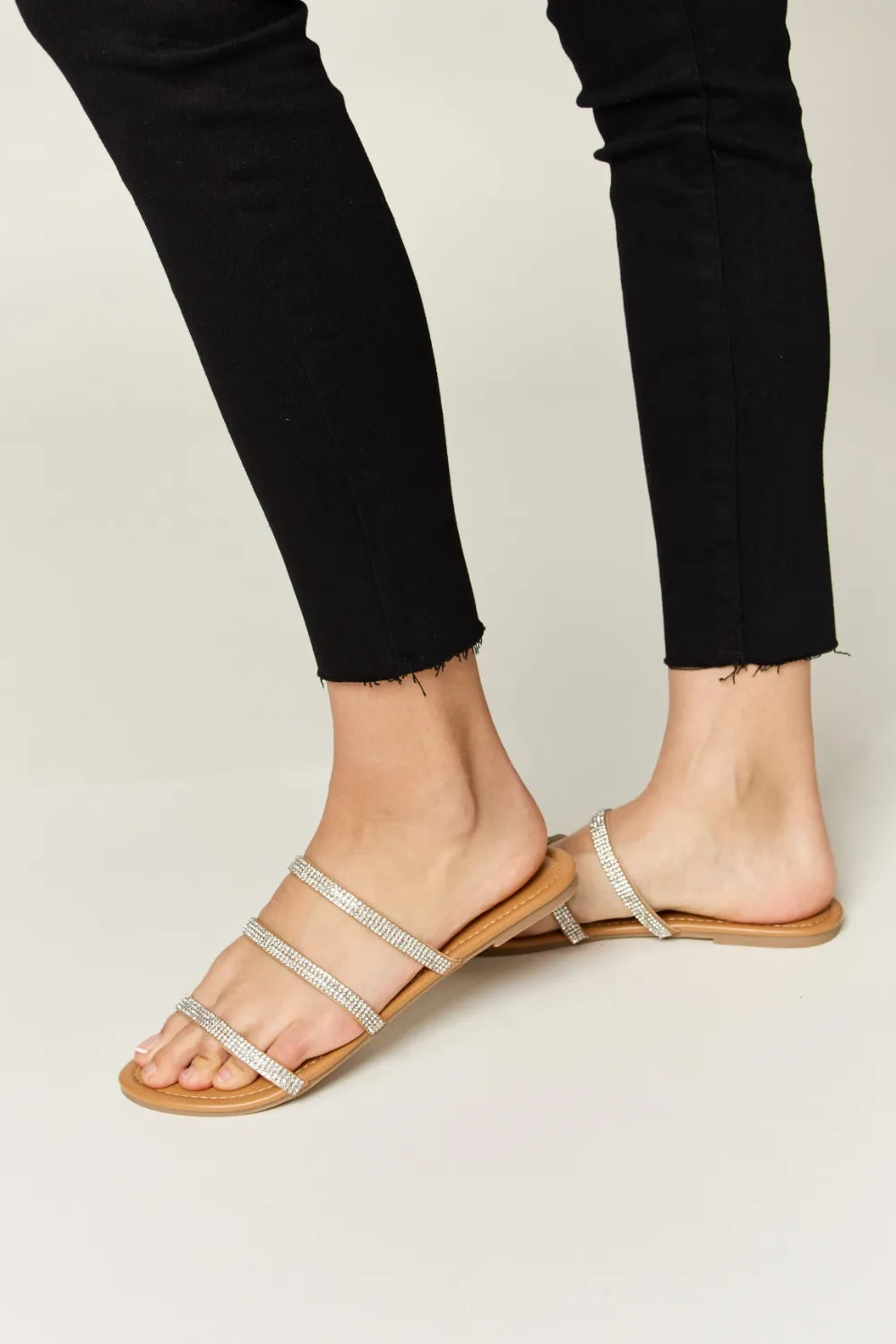 Women's Rhinestone Three-Strap Flat Sandals | Sparkle PU Leather Slides