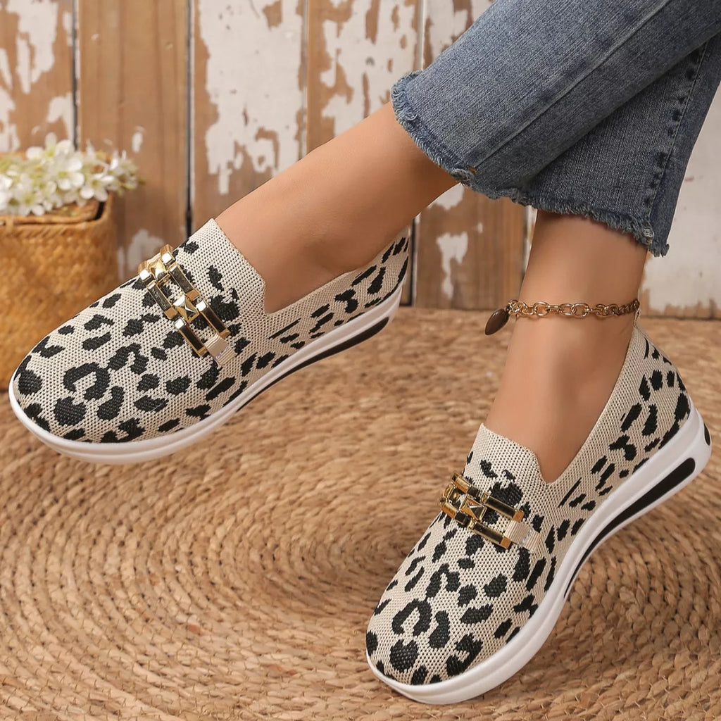 Women's Leopard Print Round Toe Slip-On Sneakers – Breathable Mesh Flats