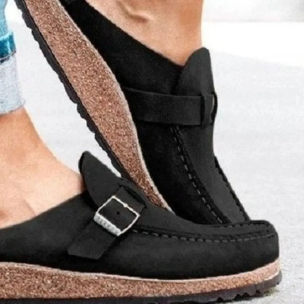 Women's Round Toe Low Heel Buckle Loafers | PU Leather Casual Shoes