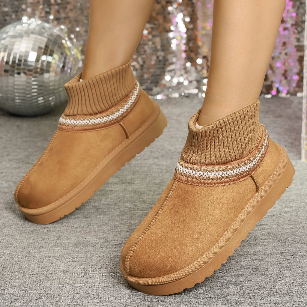 Women's Round Toe Platform Boots – Mesh & PU Leather Flat Boots