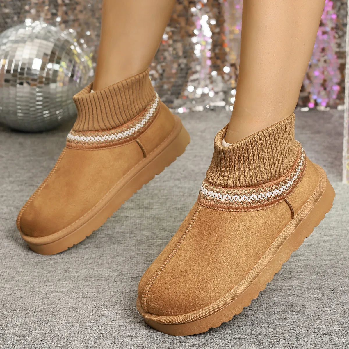 Women's Round Toe Platform Boots – Mesh & PU Leather Flat Boots