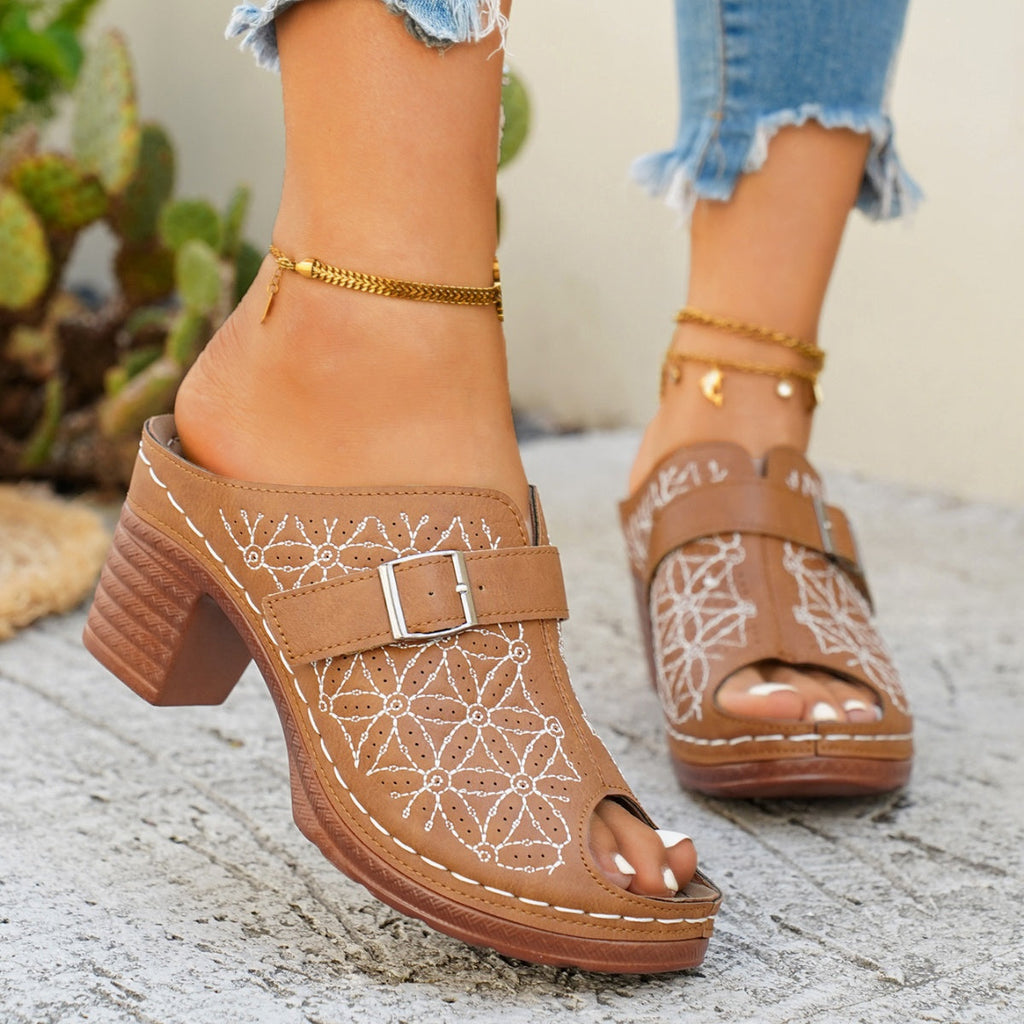 Women's Buckle Decor Block Heel Sandals – PU Leather Mid Heel