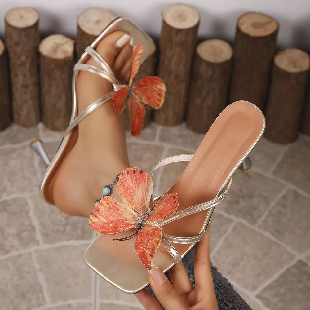 Women's Butterfly Flare Heel Sandals – Low Heel Whimsical Detail