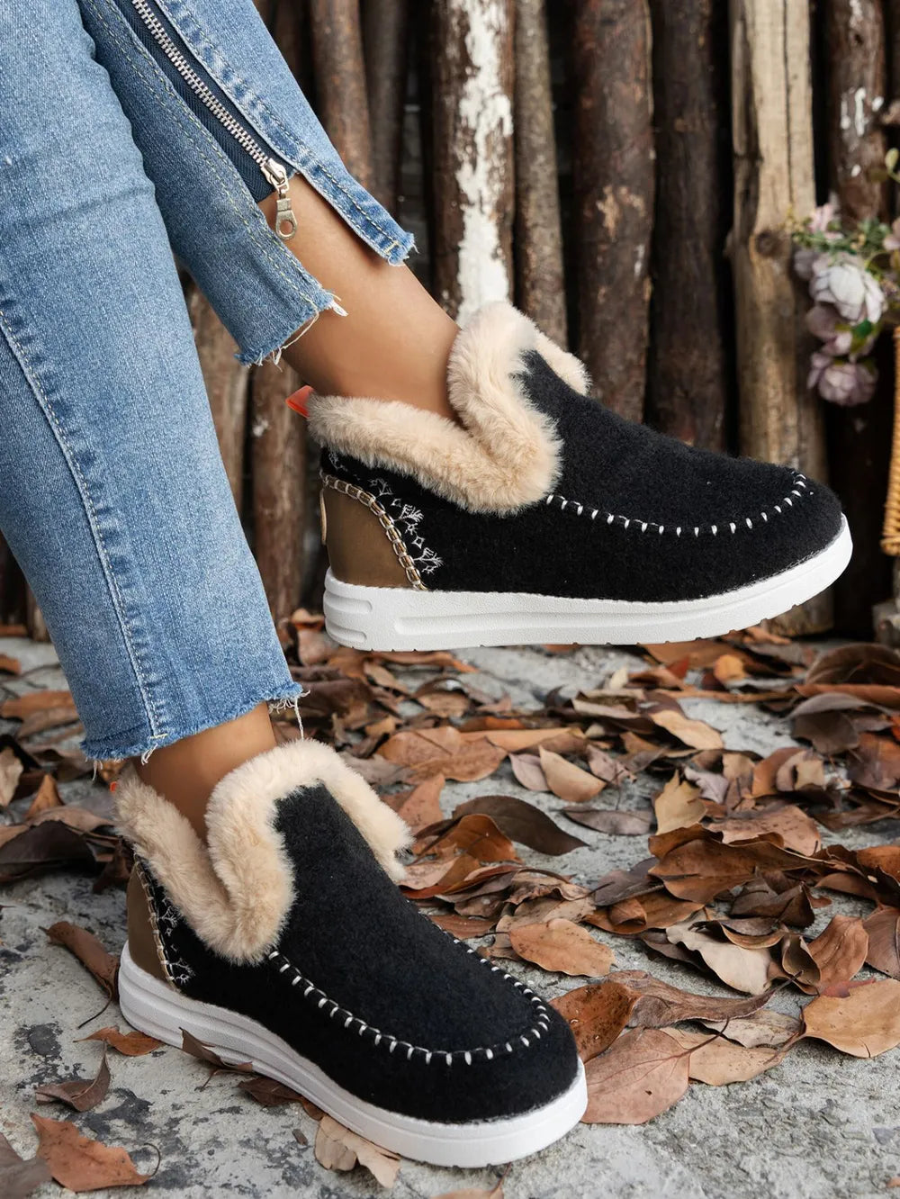 Women's Furry Suede Round Toe Flat Sneakers | Faux Fur Casual Shoes