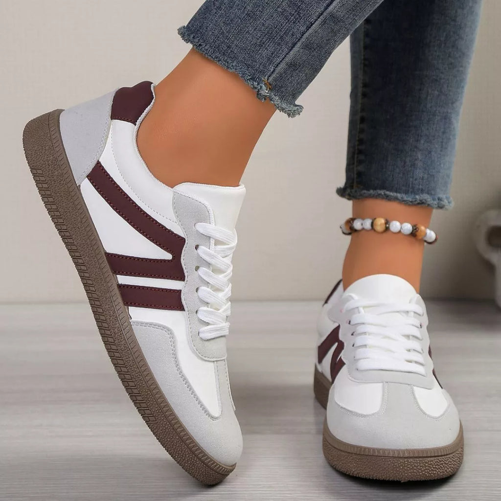 Women’s Striped Lace-Up Casual Sneakers – Suede Flat Fashion Shoes | Brown & Pink