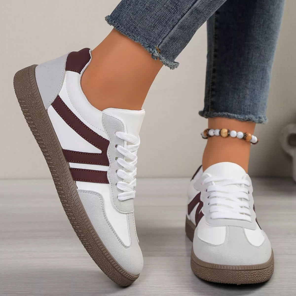 Women’s Striped Lace-Up Casual Sneakers – Suede Flat Fashion Shoes | Brown & Pink